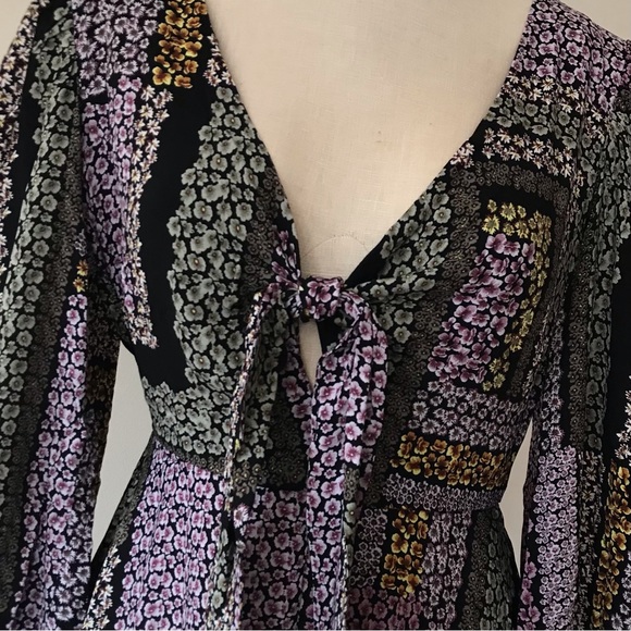 Band of Gypsies • S • Long Puff Sleeve Tie Front Mini Floral Print Dress - Picture 2 of 5